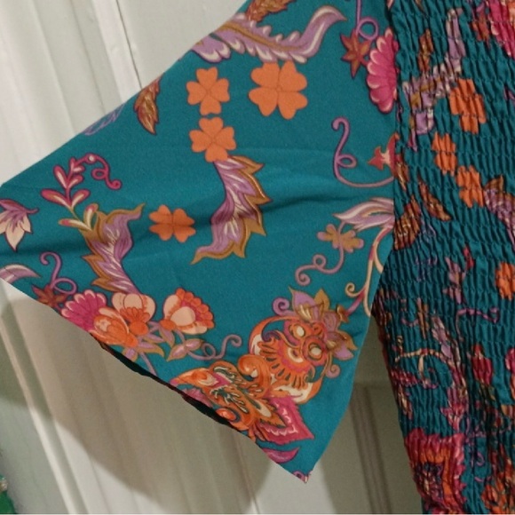 Floral Teal Dress w/ Pink/Orange Accents Rouched Top - Picture 2 of 7